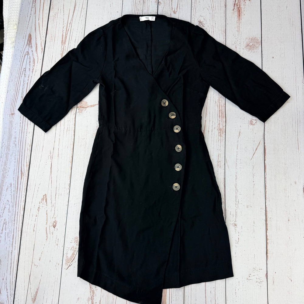 MNG‎ Casual Mango Black Asymmetric Button Wrap Mini Dress V-Neck Size 2 XS